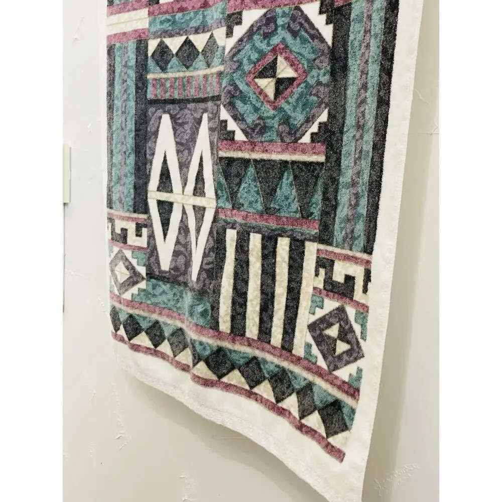 Vintage 1990s Springs Bath Towel USA Teal Geometric Vaporwave Memphis Design Dec